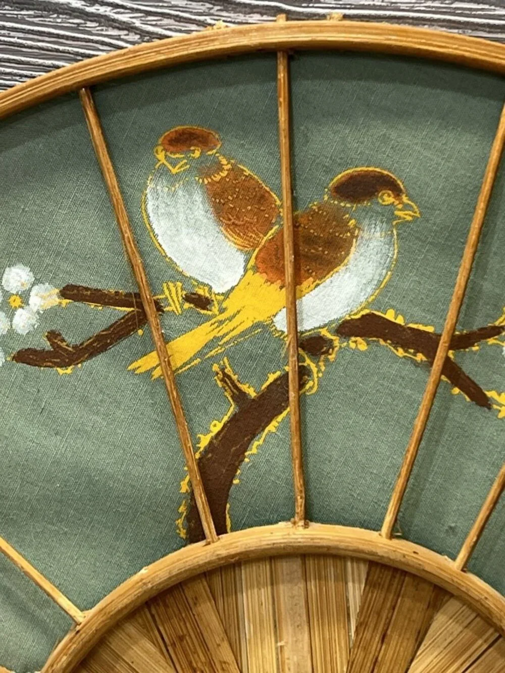 Vintage Hand Painted Decorative Green Cloth Bird Fan Wall Decor Hanging 13